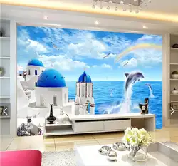 3D на заказ фото Море Дельфин вид Настенная роспись море пляж городской пейзаж обои для ТВ фон домашний Декор стены холст фрески