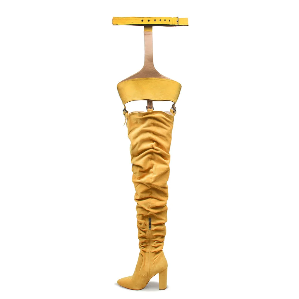 Новинка в стиле Рианны; из флока; Высокие сапоги модные зимние сапоги выше колена; сапоги на высоком каблуке, с пряжкой и ремешком острый носок квадратный каблук, на молнии, брюки - Цвет: Yellow