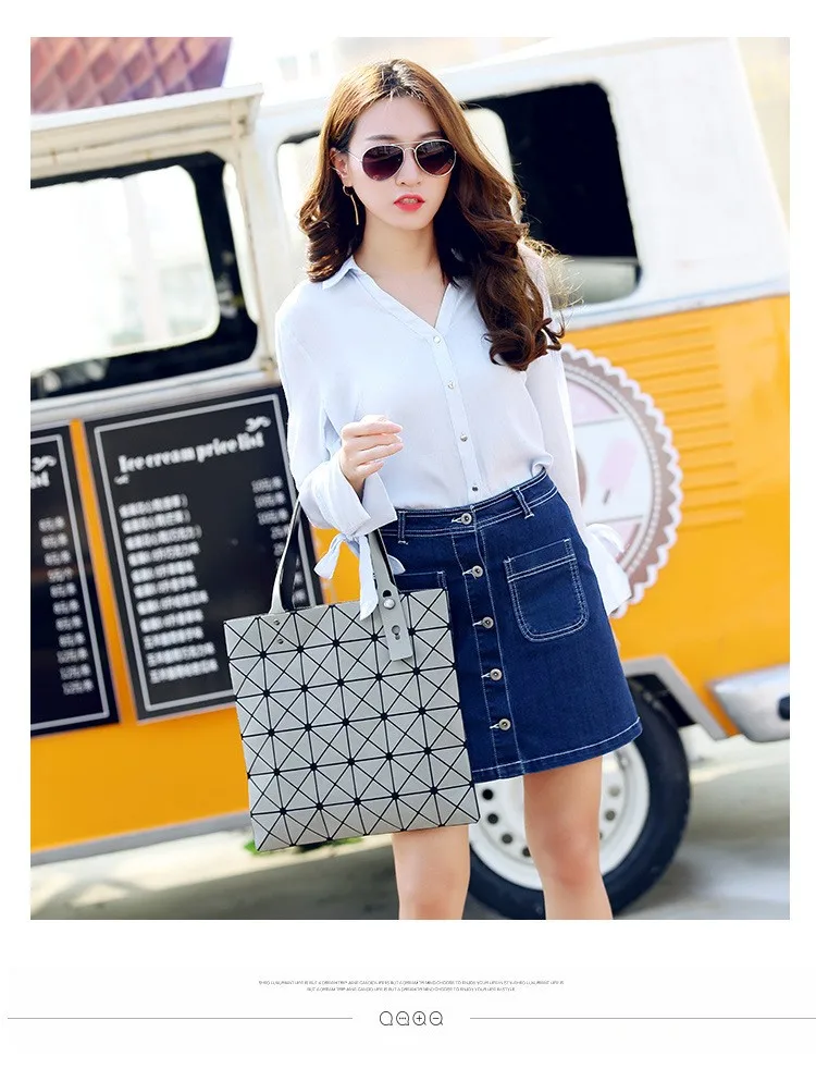 Deformable Women Handbag Geometry Quilted Plaid Mosaic Sequins Mirror Shoulder Tote Bag BaoBao Lattice Laser Foldable PU Bag (11)