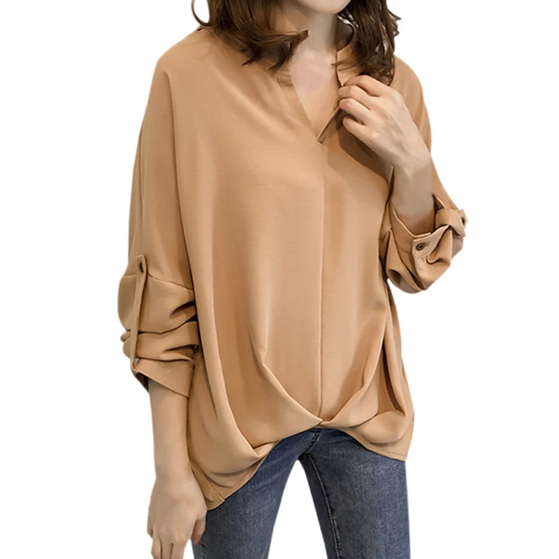 Women Batwing Sleeve Blouse Tops Summer Loose V Neck Tops Solid Long