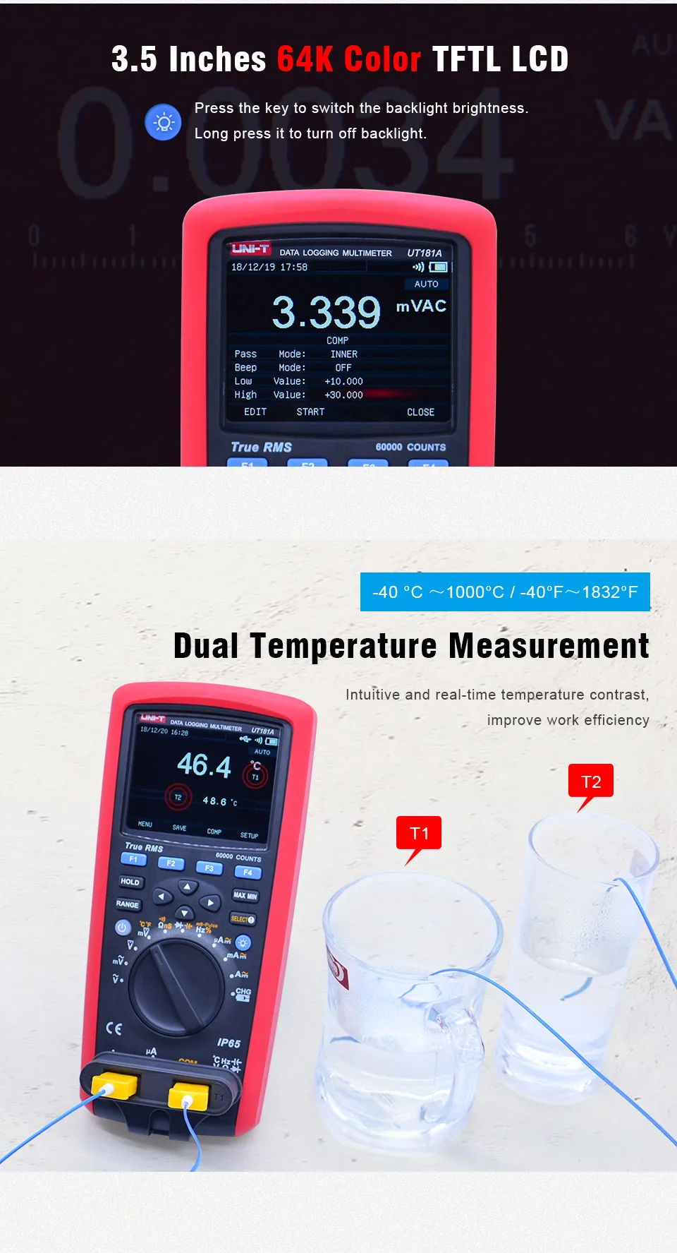 U-NIT UT181A True RMS Datalogging Цифровые мультиметры DMM измеритель температуры емкости с перезаряжаемой литиевой батареей EU Plug