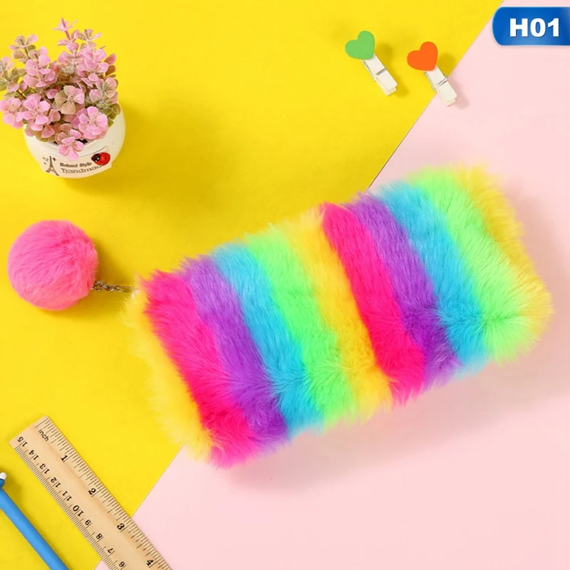 Kawaii ручка Чехол Радуга плюшевый пенал симпатичный Карандаш сумка молния волосы мяч ручка мешок дети девушки подарок, школьные принадлежности канцелярские принадлежности