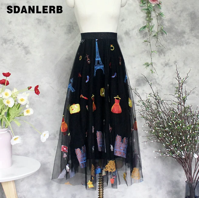 

2019 Summer High Quality Embroidery Mesh Skirt Women New Fashion Holiday Ealstic Waist Skirts Girls Ladies Skirt