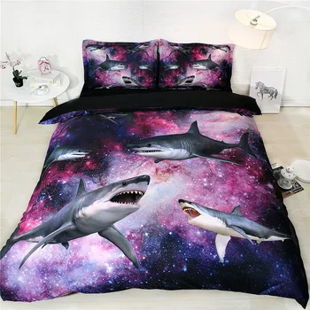 

blue and purple galaxy bed sheets 4 pieces single size bed linen 3D Shark bedding sets queen king duvet cover 6pcs kids adults