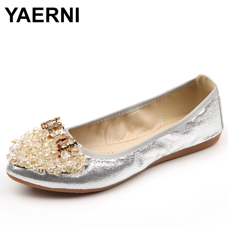

YAERNI Spring Summer Ballet Flat Shoes Women Foldable Fashion Beaded Shoes Woman Flats Slip On zapatos mujer E738