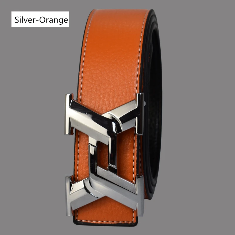 Luxury Belts for Men Fashion Business Casual High Quality Smooth Buckle Designer Male Leather Belts - Цвет: Silver Orange