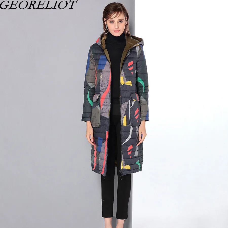 

High Quality Winter Jacket Women Print Hooded Zipper Parkas 2017 New Fashion Cotton Padded Loose Reversible Winter Coats Outwear