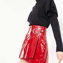 Модная женская красная яркая Асимметричная юбка из искусственной лакированной кожи, Женская Сексуальная мини-юбка в стиле ампир для клуба