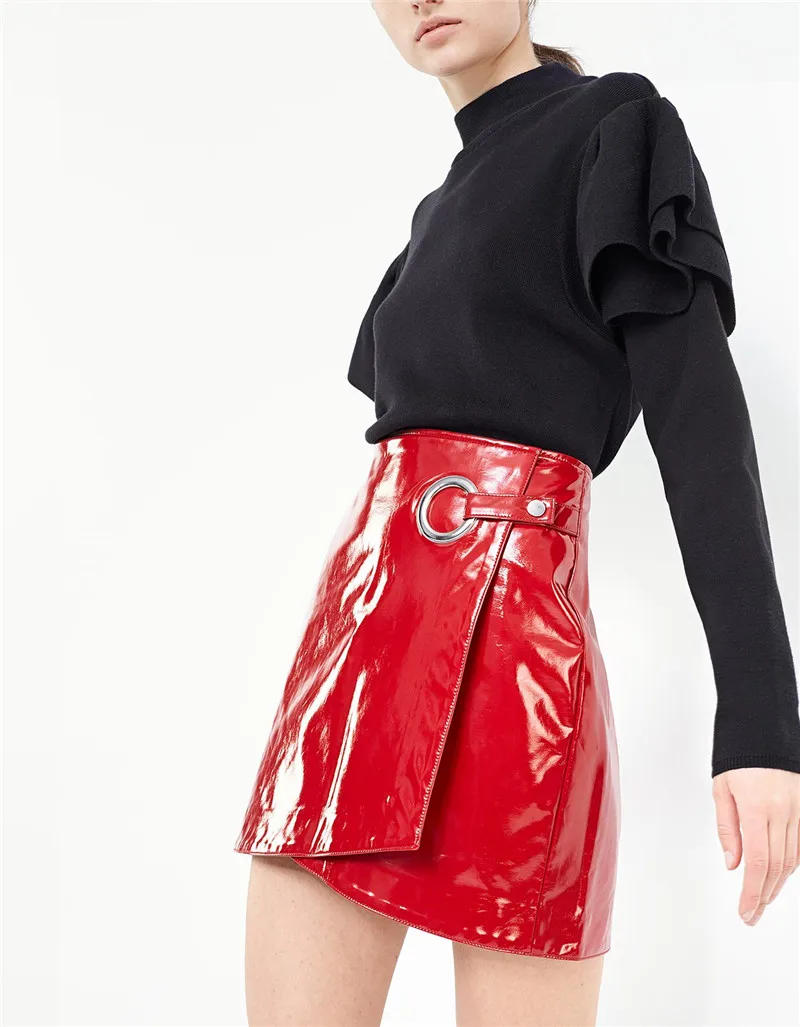 

2017 Fashion Woman Red Bright Faux Patent Leather Asymmetrical Skirt Ladies Sexy Empire Style Mini Skirt For Club