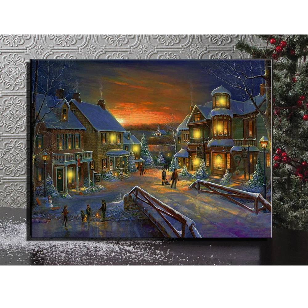 led canvas Illuminart people on street at christmas night Snowy Winter