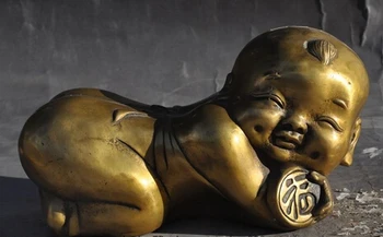 

xd 003337 Chinese Folk Bronze Fu young Lovely Sleep Kid boy lucky statue Pillow The pillow