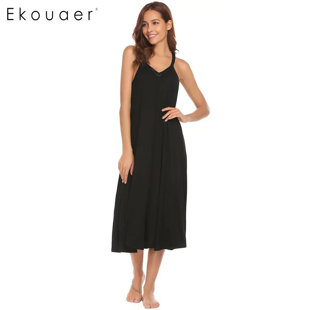 Ekouaer Ночное платье женское белье пижамы v-образный вырез без рукавов миди платье для сна Домашняя одежда ночная рубашка хлопковая ночная рубашка - Цвет: Black