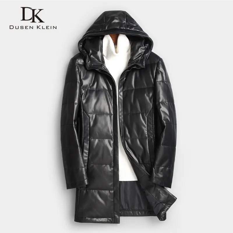 

Men Genuine Leather Down Jacket Winter Warm Long Coat Hooded Outerwear Sheepskin 2018 New Designer Brand Luxury x89808
