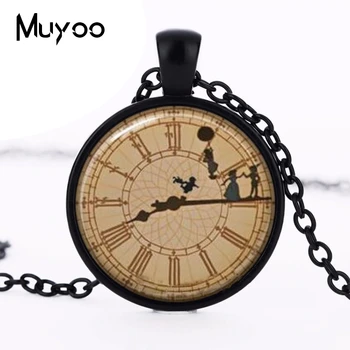 

2017 New Round Bronze Black Peter Pan inspired Pendant On Clock Off To Neverland Statement Jewelry Necklace HZ1