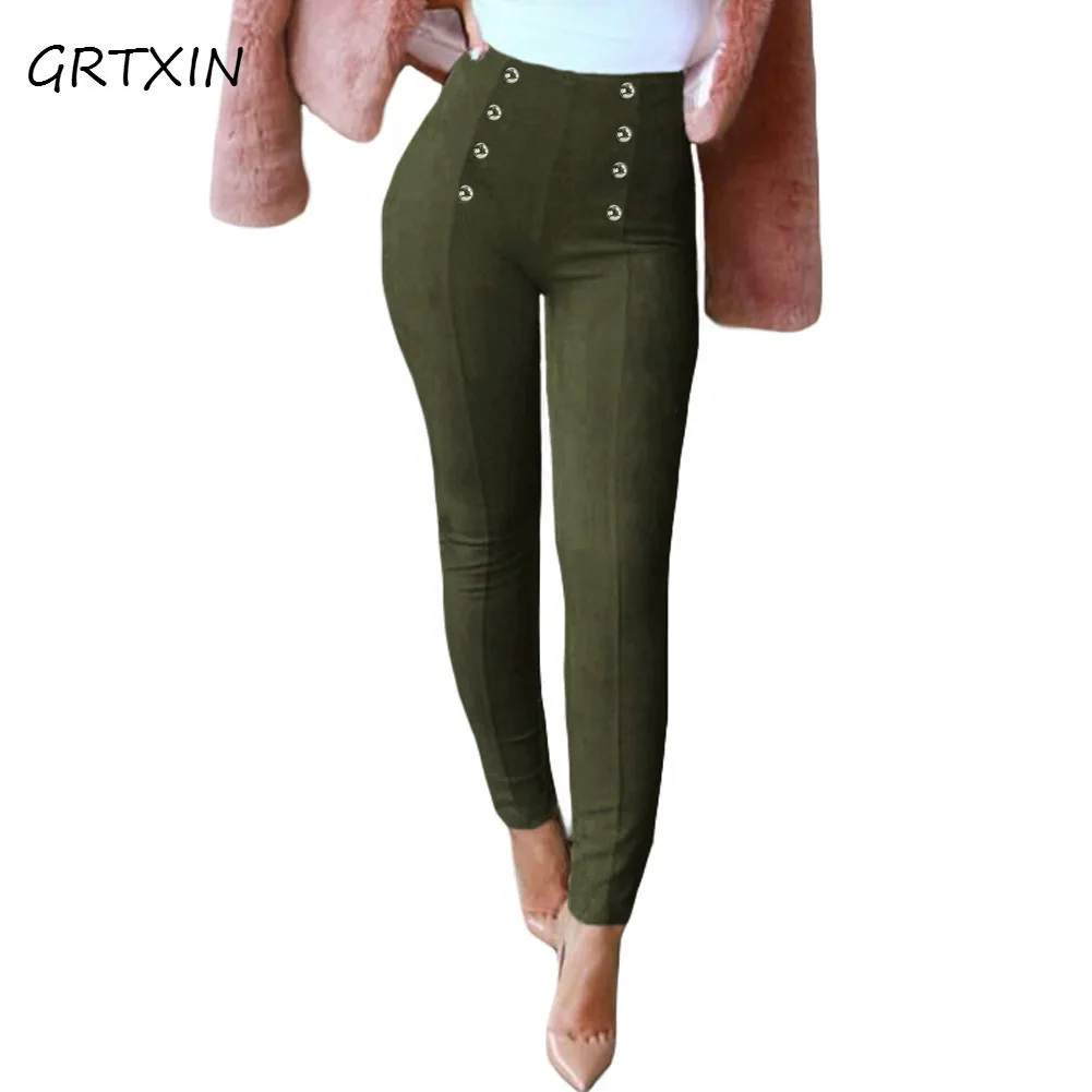 Пикантные Для женщин тонкий Faux Suede Pants Push Up брюки Твердые кнопки боковой молнией элегантные Фитнес узкие брюки-карандаш Pantaloni Donna