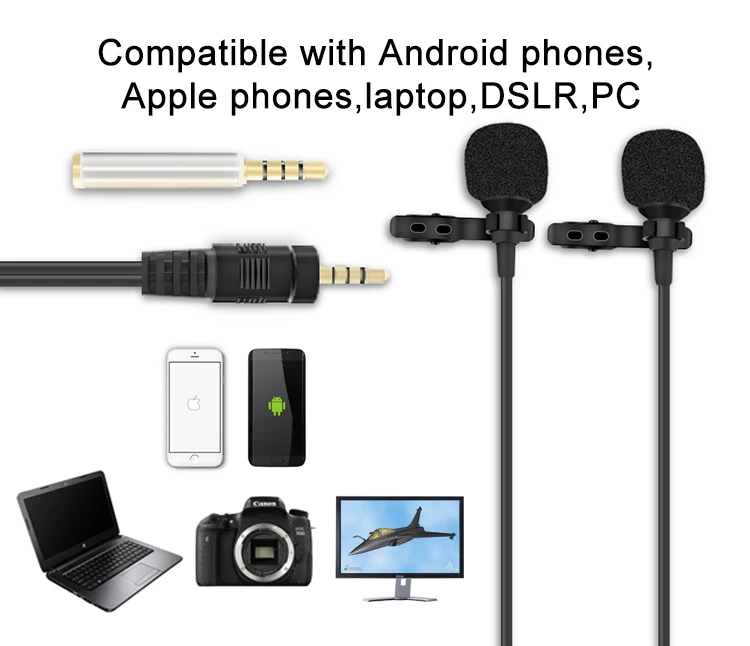 6 m/1,5 двухголовый петличный нагрудный клип-на микрофон для лекции или интервью для смартфона мобильного телефона и планшетов
