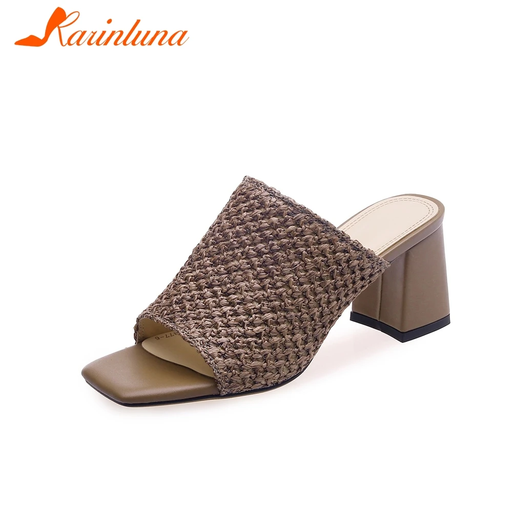 

KARINLUNA 2019 New Concise Cane Weave Mules Shoes Women Summer High Heels Slippers Women Shoes Woman Large Size 32-42