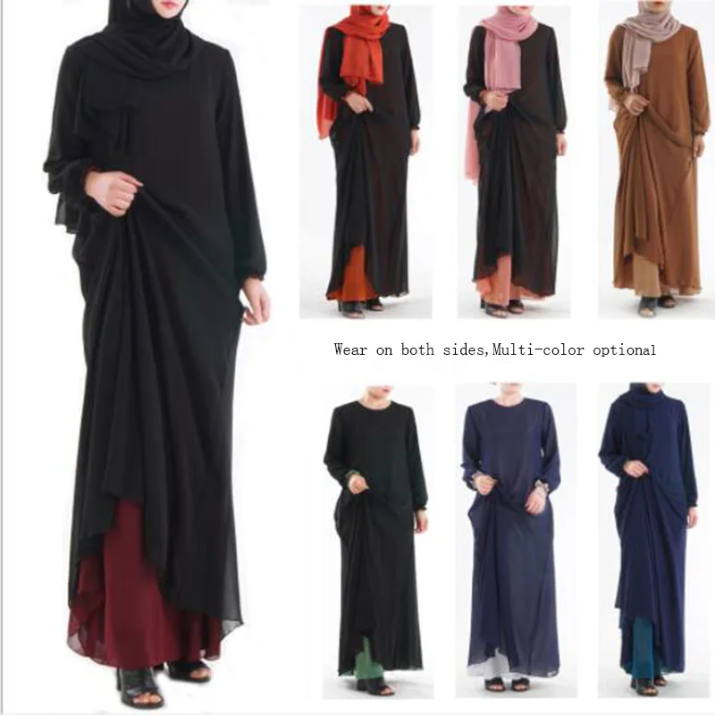 

Muslim Robe Wear on both sides Middle East Ramadan Arab Islamic Clothing Double-layer composite silk gauze long skirt Abaya