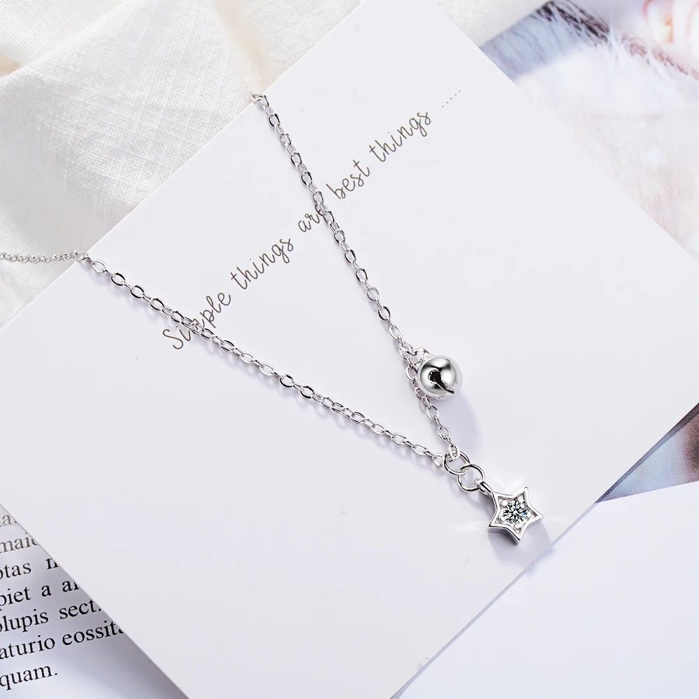 Anenjery простое модное 925 пробы Серебряное циркониевое Звездное Ожерелье с колокольчиками для женщин и девушек короткое ожерелье подарок на день рождения S-N259