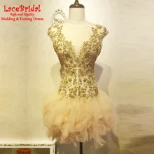 Sexy Durchsichtig Luxus Gerade Gold Hand-perlen Stickte Cocktailkleider 2016 mit Gekräuselten Rock Kurze Abschlussball-kleider TC26