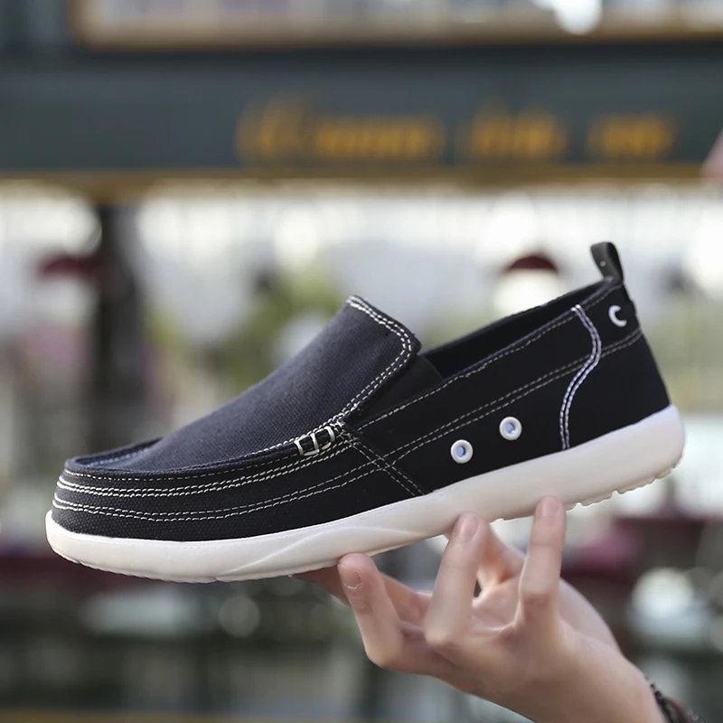 Big Size:39-46 Men's Canvas Shoes Breathable Outdoor Casual Shoes Men Black Comfortable Slip-on Loafers Lazy Driving Shoes