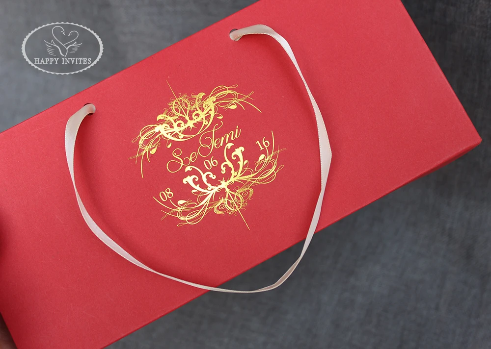 HI1181-06 Customized Red Hardcover Invitation Card Folder with HandBag & Gold Foiling Printing Red Wedding Cards at Factory Wholesal Price Made in China