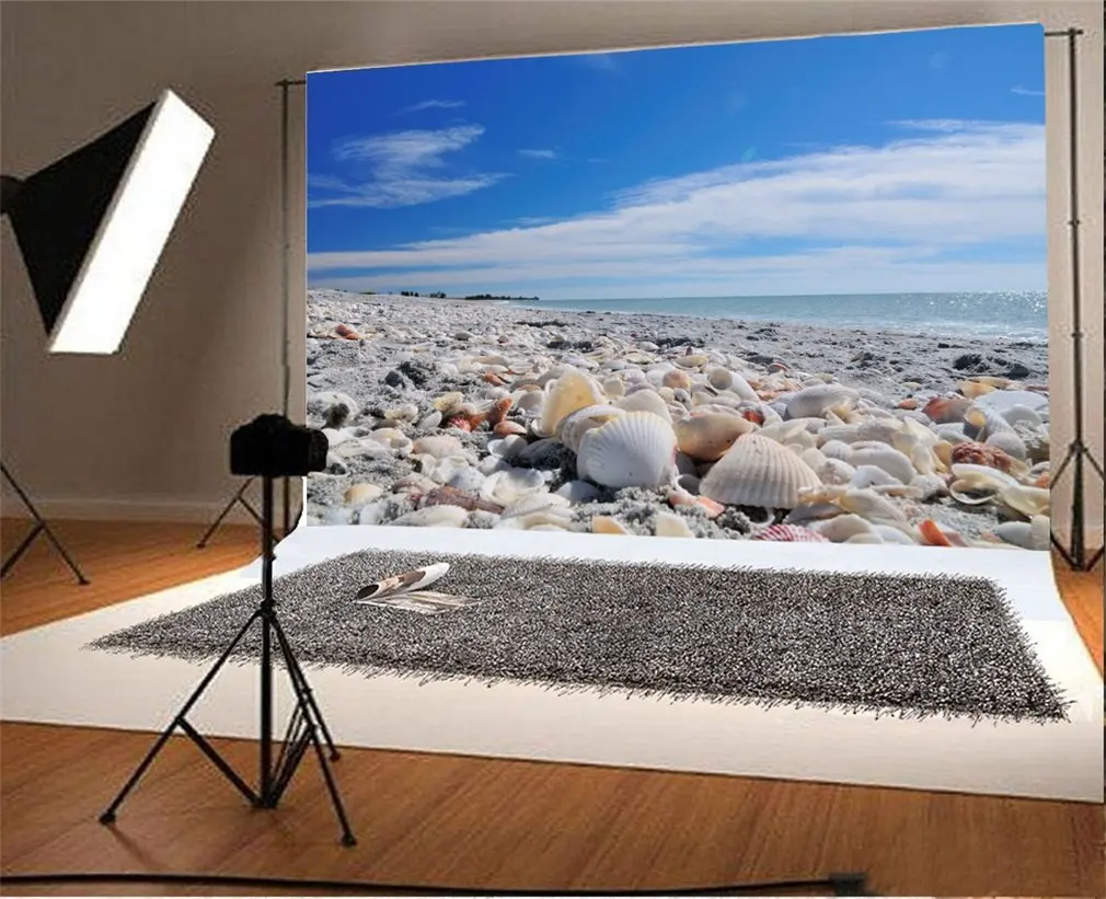 

Photography Backdrop Seaside Shells Blue Sky White Cloud Nature Romantic Photo Background