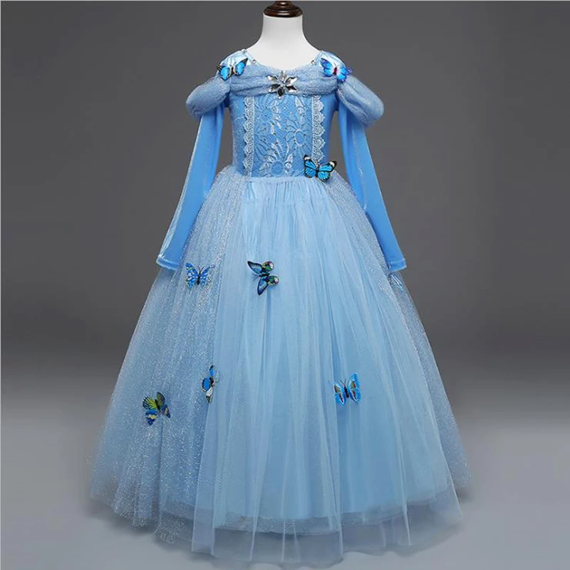 

Cinderella Dress Girls 2017 Winter Blue Long Sleeve Princess Dresses For Girl Age 3T 5 6 8 Kids Children Clothes Costumes