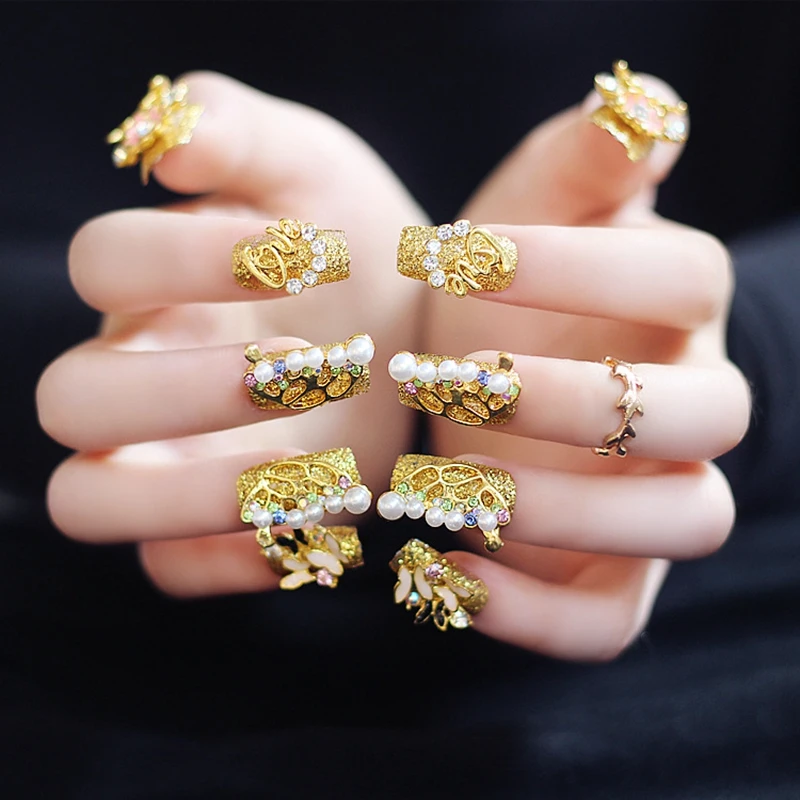 

Gorgeous 3D Gold Fake Nails Ladies Square Long Party Amazing Decoration Acrylic Designed Nails EchiQ Art