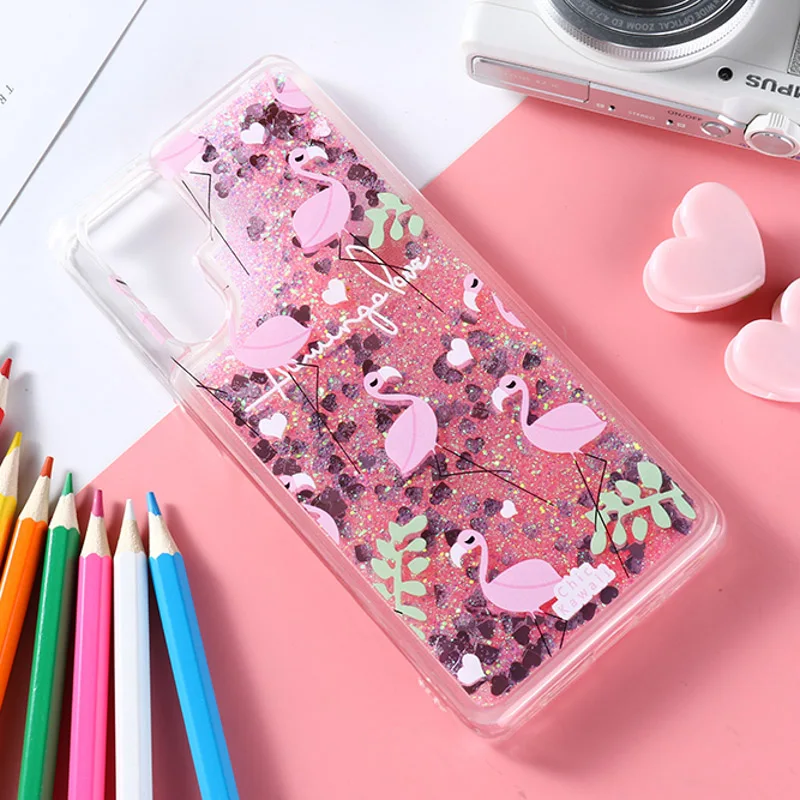 

SFor Huawei P30 P20 P10 Pro Lite P9 Plus P8 Lite Case Flamingo Glitter Liquid Silicon Back Cover Huawei P smart 2018 Case Bumper