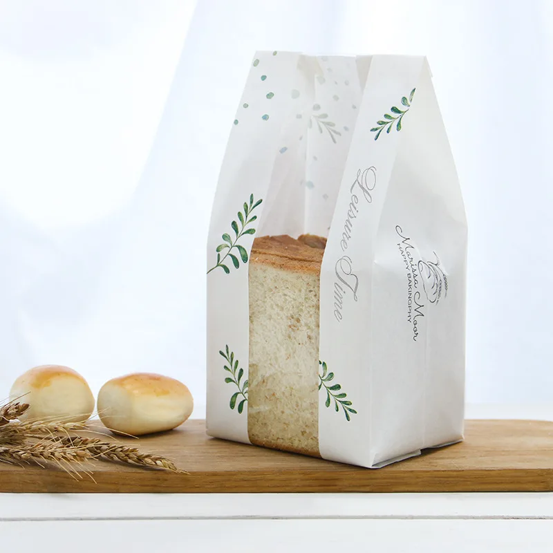 10 шт зеленый лист хлеб тост мешок прозрачное открытое окно ламинирование крафт-бумага пищевая упаковка маслостойкие пакеты для печенья