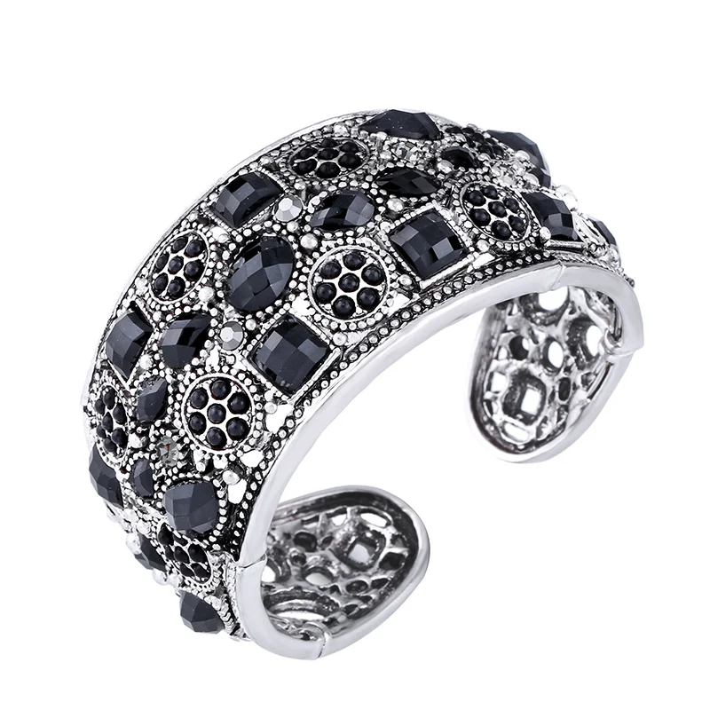OCSRIO Vintage Black Silver Cuff Bracelets for Women Crystal Rhinestone