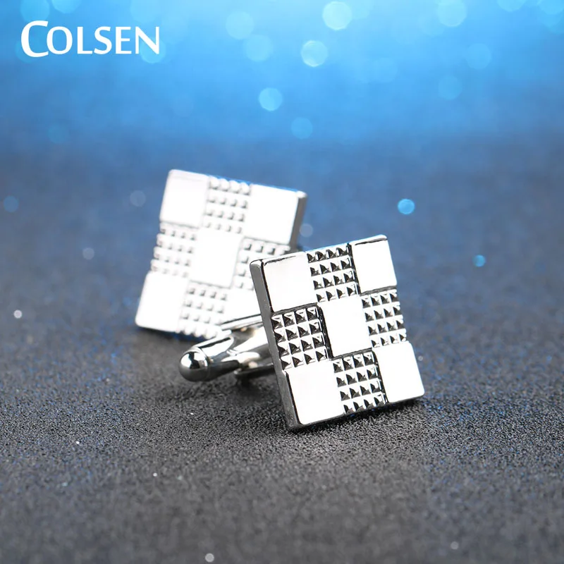 COLSEN 2017 new men's brand square lattice designer shirt cufflinks
