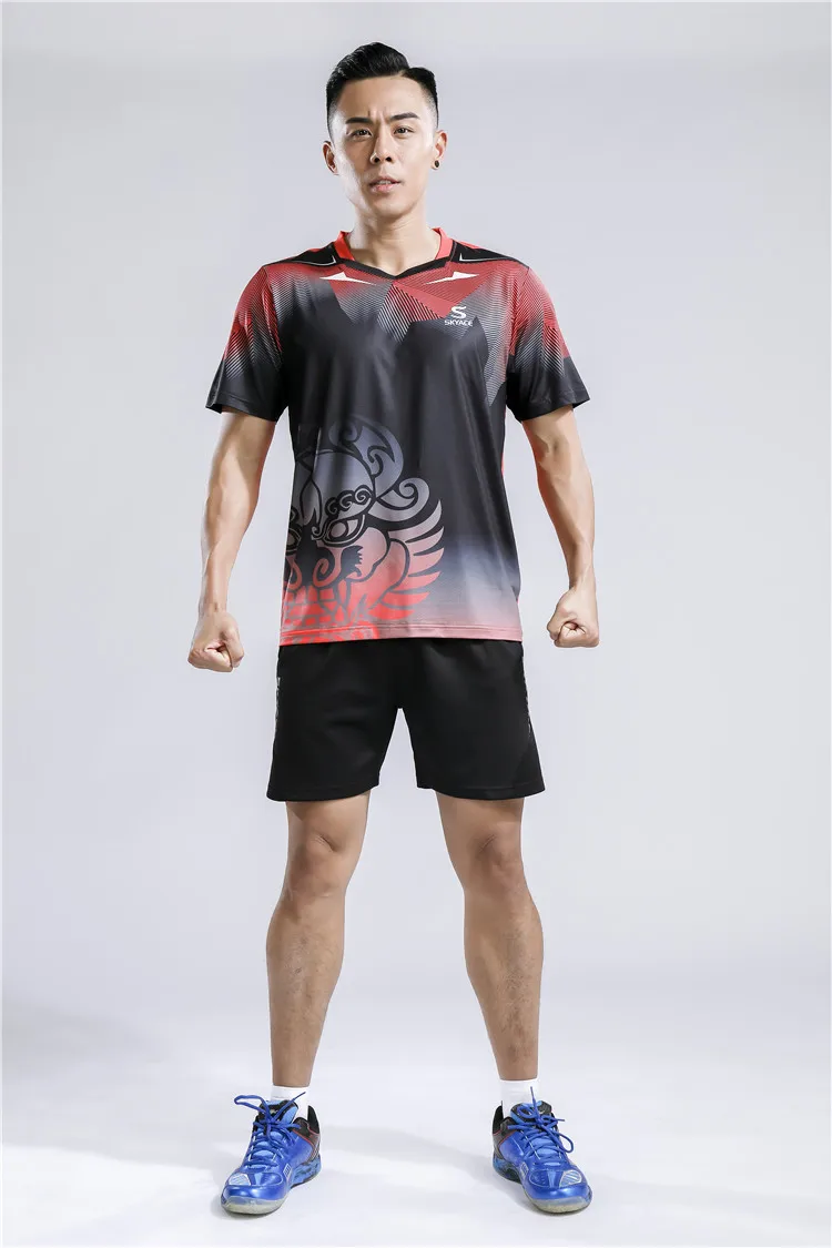 Новые мужские теннисные футболки, женские теннисные майки+ шорты/юбки, Полиэстеровые комплекты для бадминтона, настольный трикотаж, настольные теннисные костюмы - Цвет: Men Red Black