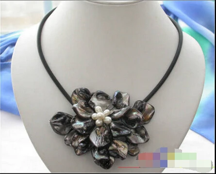 

s609 18" BLACK SHELL pearl FLOWER NECKLACE PENDANT@^Noble style Natural Fine jewe FREE SHIPPING