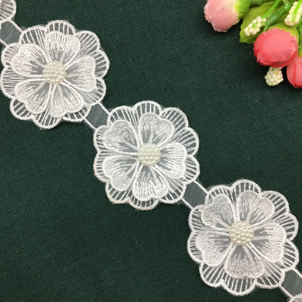 

20X Soluble Polyester Pearl Beaded Flowers Embroidered Lace Edge Trim Ribbon Fabric Handmade Applique Wedding Dress DIY Sewing