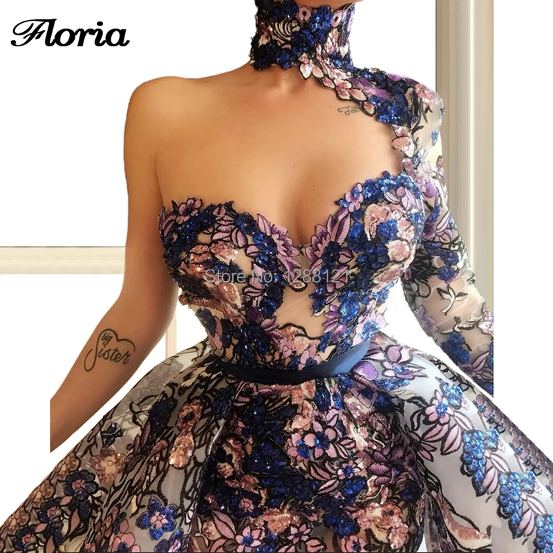 Flowers Arabic Dubai One Shoulder Evening Dresses Long Sleeve Prom Dress Turkish 2019 Islamic kaftans Two Piece Party Gown Robe