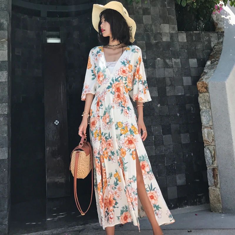 

Summer Women Floral Print Casual Sundress Boho Long Tropical Sexy Girl Vacation Korean Vintage Maxi Female Dress Beach Retro New