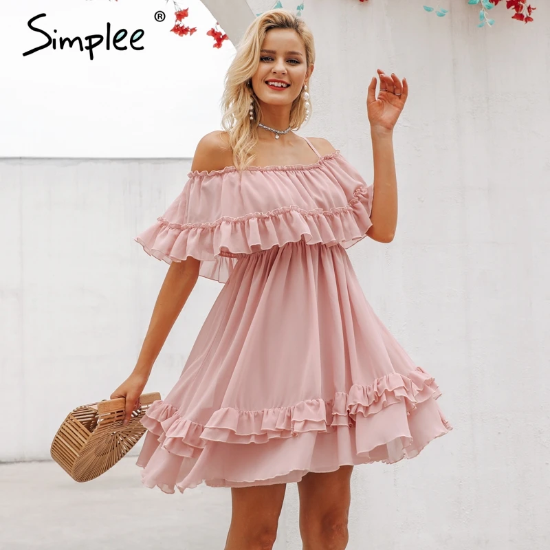 Simplee أنيقة كشكش معطلة الكتف المرأة اللباس السباغيتي حزام الشيفون الصيف فساتين عارضة عطلة الإناث الوردي قصيرة فستان الشمس