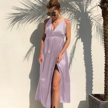 AliExpress 2019 Summer Sexy Deep V-neck Halter Beach Dress Solid Color Bandage Long Dress Dress