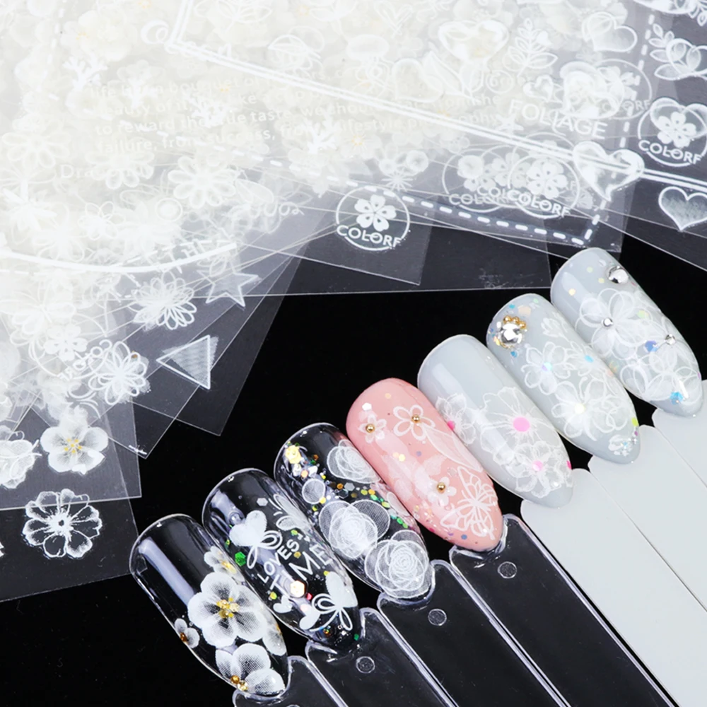 27pcs Nail Art Stickers Wraps Decal Lace White Flowers 3D Charm Geometry Butterfly Manicure Slider Decoration Adhesive Tips JICC