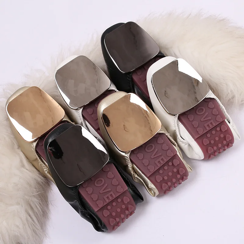 

Square metal decoration ballet flats girls gold/silver bling roll up foldable shoes women soft heel moccasins mujer leather flat