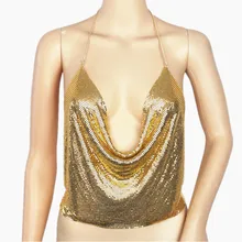 Fashion 2016 Gold sequined fold halter Backless simple thin tops summer beach club party sexy women lingerie Chic Metal Bra