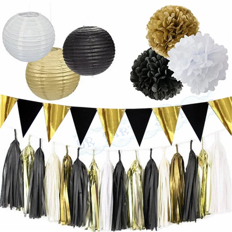 

2 Sets Mixed Black Gold Bunting White Gold Tissue Pom poms Tassel Garlands Lanterns for Birthday Wedding New Year Party Decor