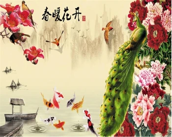 

beibehang wallpaper for walls 3 d Fashion HD Wallpaper Spring Peony Peacock Nine fish Figure Bird papel de parede hudas beauty