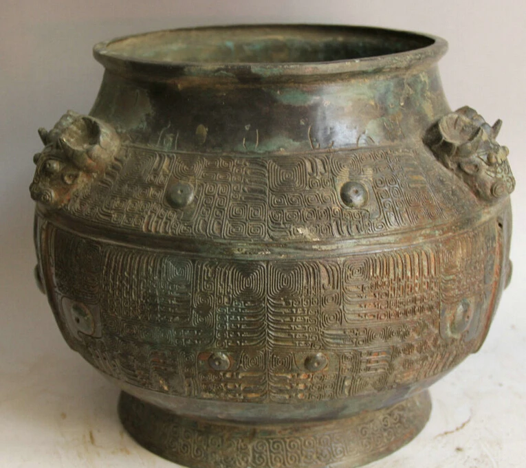 

Elegant old S2199 12" Old Chinese Bronze circular word Sheep Head food water vessel Pot Jar Crock statue (A0322) A0403