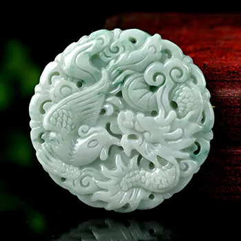 

TNUKK Myanmar natural green stone hand-carved dragon phoenix couple stone pendant fashion jewelry wholesale.