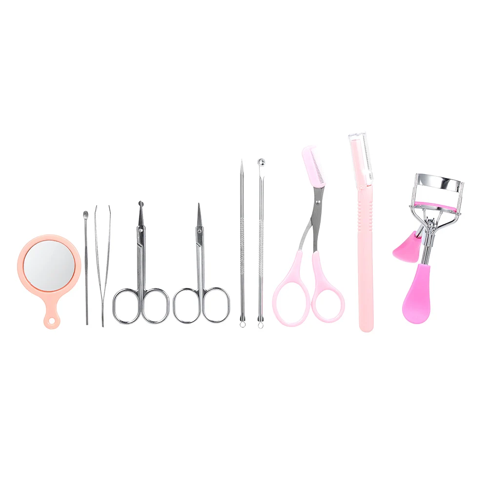 

10pcs Eyebrow Shaping Cosmetic Tool Kit Eyelash Curler Mirror Earpick Acne Pin Extractor Eyebrow Trimmer Tweezers Scissors Razor