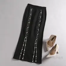 Micosoni Европейский осень/зима офис леди ампир до середины икры Длина бисер тонкий черный Джокер юбки-трубы плюс размер