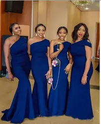 Сексуальные королевские синие платья подружек невесты 2019 на одно плечо Африканский нигерийский Русалка Плюс Размер Формальные платья
